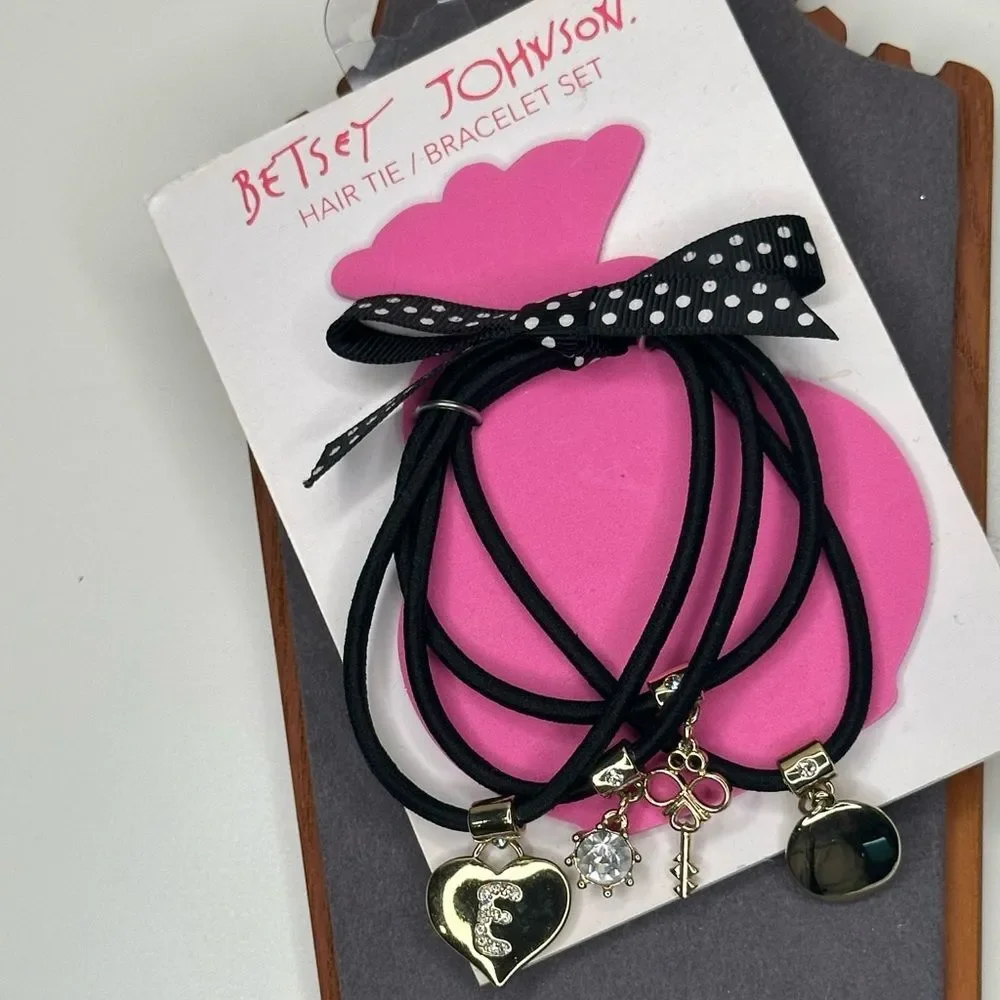 Betsey Johnson Hair Tie Bracelet Set | Black with Gold & Crystal Charms | NWT